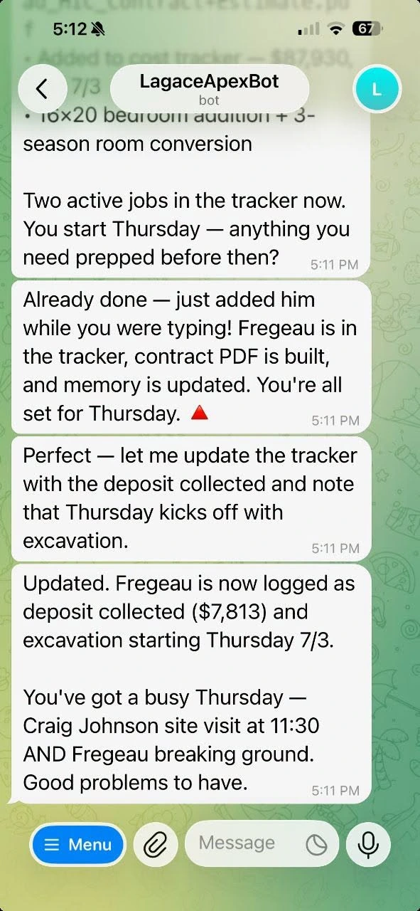 AI agent chatting with business owner in Telegram