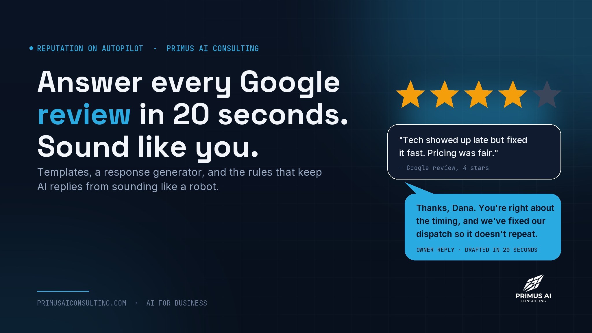A four-star Google review and an owner's reply drafted in twenty seconds